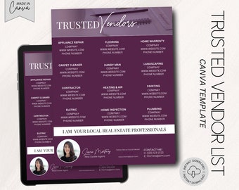 Folleto de referencia de proveedores de confianza, lista de referencias de proveedores inmobiliarios editable en Canva, proveedores preferidos, marca de agente inmobiliario