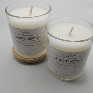 May include: Two clear glass candles with white wax and wicks. The labels read "APRICOT NECTAR" and "COCONUT/SOY WAX CANDLE". One candle rests on a small wooden coaster. The candles are from "MEGANS GIFT HAVEN".