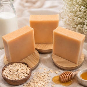 May include: Three rectangular bars of light orange soap on small wooden stands. A small wooden bowl of oats, a bottle of milk, and a small dish of honey with a honey dipper are also in the image. The soap has a smooth texture.