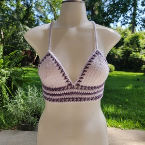 Crochet Bralette, Crochet Crop Top, Crochet Summer Top, Handmade with acrylic Yarn, Women&#39;s - Purple & White, XS/S