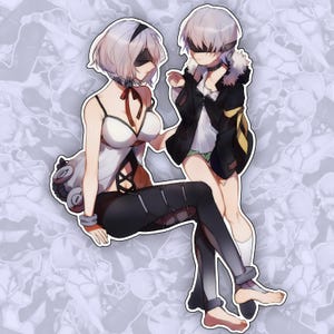 May include: A sticker featuring two anime-style characters. One is in a white and black outfit with a red ribbon, the other in a black jacket. Both have white hair and blindfolds. The background is a pattern of light purple shapes.