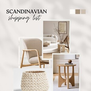 May include: A Scandinavian-inspired shopping list featuring a beige armchair, a woven basket, a wooden side table, a white sofa, and a color palette of beige, white, and gray.