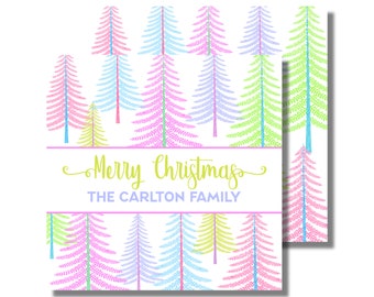 Personalisierte Aquarell Weihnachtsgeschenkanhänger, druckbare Beilage Karte mit bunten Bäumen (individueller digitaler Download)