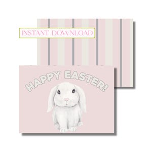 Carte de Pâques, carte de joyeuses Pâques, carte de voeux, carte de printemps, lapin rose (carte de correspondance pliée imprimable, téléchargement numérique instantané)