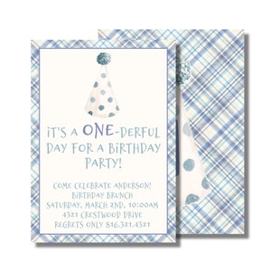 May include: A blue and white plaid invitation with a blue and white polka dot party hat illustration. The text reads "It's a One-Derful Day for a Birthday Party! Come Celebrate Anderson! Birthday Brunch Saturday, March 2nd, 10:00am 4321 Crestwood Drive Regrets Only 816.321.4321"