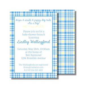 Invito per baby shower, evento per festa di benvenuto per bambini, sorseggia e guarda, plaid blu acquerello (annuncio piatto stampabile, download digitale personalizzato)