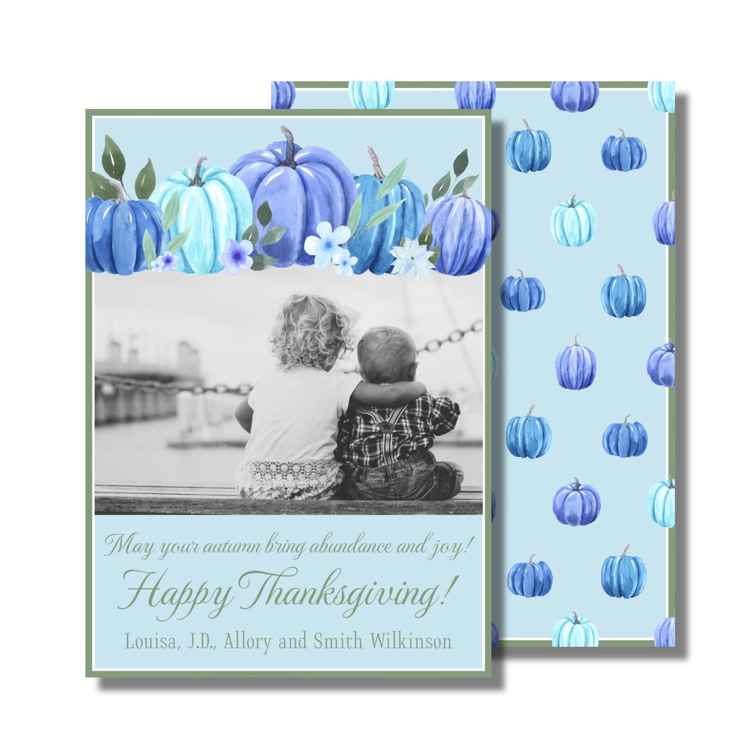 Personalized Thanksgiving Photo Card With Watercolor Blue Pumpkins ...