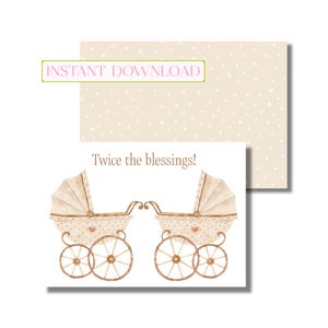 Carte de félicitations de jumeaux, voeux de nouvelle arrivée, baby shower pour deux, non sexiste (carte de correspondance pliée imprimable, téléchargement numérique instantané)