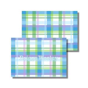 Papeterie pour garçons, notes de remerciement, cartes pour toutes les occasions, nom à carreaux bleu Madras (carte de correspondance pliée imprimable, téléchargement numérique personnalisé)