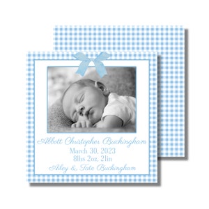 Faire-part de naissance avec photo, faire-part de bébé, nouveau-né, vichy bleu bébé et noeud (faire-part plat imprimable, téléchargement numérique personnalisé)
