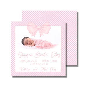 Faire-part de naissance avec photo, faire-part de bébé, nouveau-né, noeud rose bébé et vichy (faire-part plat imprimable, téléchargement numérique personnalisé)