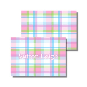 Mädchen-Briefpapier, Dankesnotizen, Grußkarten, Karte für alle Anlässe, rosa karierter Name (gefaltete Grußkarte zum Ausdrucken, digitaler Download)