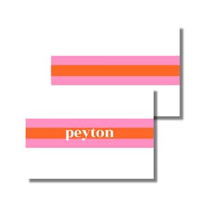 Papeterie preppy, notes de remerciement, cartes de correspondance, toutes les occasions, nom de rayures orange rose (carte de correspondance pliée imprimable, téléchargement numérique personnalisé)