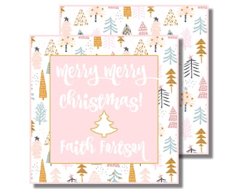 "Personalisierte Aquarell Weihnachtsgeschenkanhänger, druckbare Beilage Karte mit rosa Bäumen (individueller digitaler Download)"