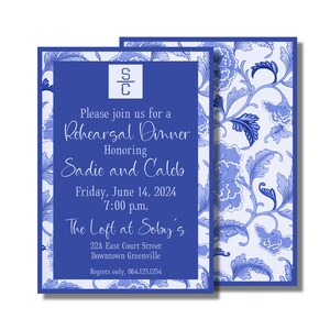 Invitación de boda, estilo chinoiserie con motivos florales azules, estilo 1 (invitación plana imprimible, descarga digital personalizada) *Suite nupcial*