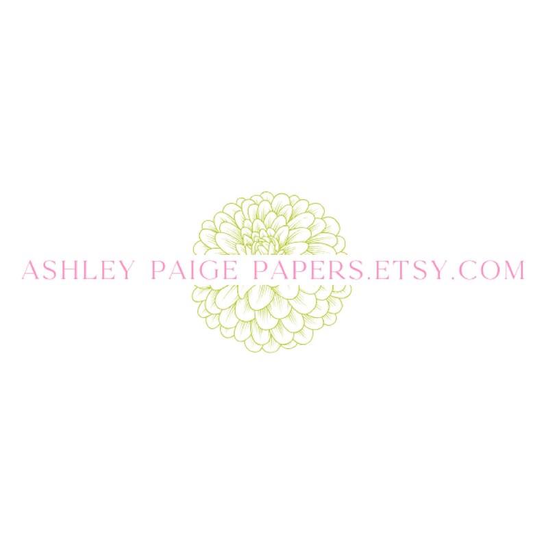 K&ouml;nnte beinhalten: Ein Logo mit einer lindgr&uuml;nen Strichzeichnung einer Dahlienbl&uuml;te, zentriert hinter dem rosa Text ASHLEY PAIGE PAPERS.ETSY.COM. Das Design ist auf einem schlichten wei&szlig;en Hintergrund dargestellt und zeigt den Markennamen sowie die Blumengrafik.