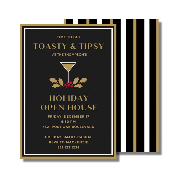 Personalized Christmas Party Invitation, Tipsy Holiday in Black and Gold (Printable Custom Digital Download)