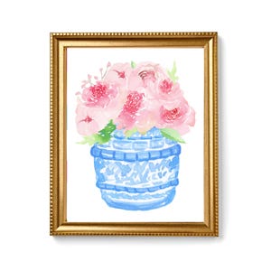 Wandkunst, Posterdruck, Wohnheimdekor, Originaldesign-Kunstwerk, verschiedene Größen erhältlich - rosa Pfingstrosen in einem blauen und weißen Ingwerglas Nummer 1