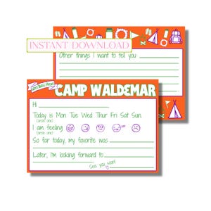 Cartão de Anotações para Preencher em Branco do Acampamento Waldemar, Papelaria do Acampamento, Cartões Infantis, Cartões Postais Página Inicial (cartão de anotações plano para impressão, download digital instantâneo)