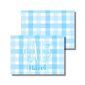Briefpapier voor kinderen, bedankbriefjes, ansichtkaarten, kaart voor alle gelegenheden, Sky Gingham-monogram (afdrukbaar gevouwen kaartje, aangepaste digitale download)