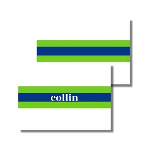 Boys Stationery, Thank You Notes, Notecards, All Occasion, Green and Navy Stripes Name (printable folded notecard, custom digital download)