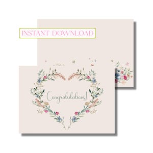 Carte de félicitations de mariage, carte de voeux de couples, douche nuptiale, coeur aquarelle (carte de correspondance pliée imprimable, téléchargement numérique instantané)