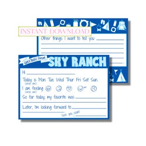 May include: A blue and white printable card with the text "Greetings from Sky Ranch". The card has a section for a child to write about their day at camp, including a section for them to circle the day of the week and how they are feeling.