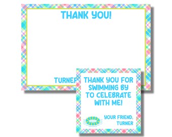 Thank You Note and Party Favor Gift Tag, Kids Birthday Party, Pool Time Plaid Party (printable, custom digital downloads) *Birthday Suite*