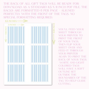 May include: Printable sheet with six gift tag templates. Each tag is 3 inches wide by 11 inches tall. The sheet is designed to be printed on an 8.5 by 11 inch sheet of paper. The tags have a light blue background with white stripes.