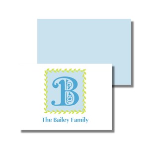 Papelaria com monograma, notas de agradecimento, cartão para todas as ocasiões, carta com moldura de folha azul (cartão dobrado para impressão, download digital personalizado)