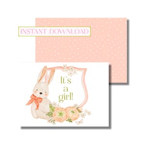 Gefeliciteerd kaart meisje, nieuwe aankomstgroet, babyshower, roze babykuif (afdrukbaar gevouwen kaartje, instant digitale download)