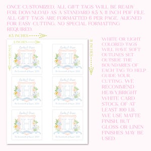 May include: Six printable gift tags featuring a floral design with a monogrammed letter H. The tags are 3 inches by 3 inches and are formatted to print 6 per 8.5 by 11 inch page. The text on the tags reads "Lynley & Bryer, The Sacrament of August 2024".