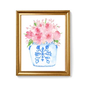 Wandkunst, Posterdruck, Wohnheimdekor, Originaldesign-Kunstwerk, verschiedene Größen erhältlich - rosa Pfingstrosen in einem blauen und weißen Ingwerglas Nummer 3