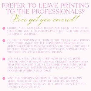 K&ouml;nnte beinhalten: Eine informative Grafik mit hellrosa Hintergrund und rosa und gr&uuml;nem Text. Der Text lautet: PREFER TO LEAVE PRINTING TO THE PROFESSIONALS? We've got you covered! Sie enth&auml;lt vier Aufz&auml;hlungspunkte, die den Prozess f&uuml;r die Bestellung von gedrucktem Briefpapier erkl&auml;ren.