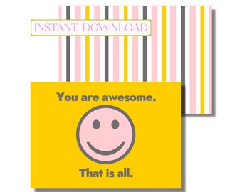Thank You Card, Blank Notecard with Happy Face (printable folded notecard, instant digital download)