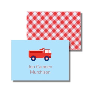 Papeterie pour bébé, papeterie pour enfants, mots de remerciement, cartes de correspondance, camion jouet et vichy rouge (carte de correspondance pliée imprimable, téléchargement numérique personnalisé)