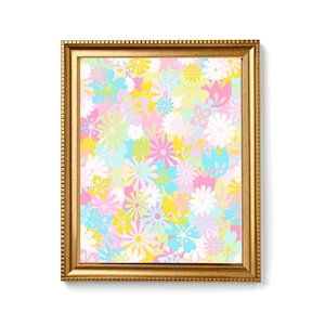 May include: A framed print with a colorful floral pattern in shades of pink, yellow, blue, and white. The flowers are arranged in a random pattern and create a cheerful and whimsical design.