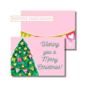 Carte de voeux de Noël, carte de voeux joyeux Noël, arbre rose BCBG aquarelle (carte de correspondance pliée imprimable, téléchargement numérique instantané)