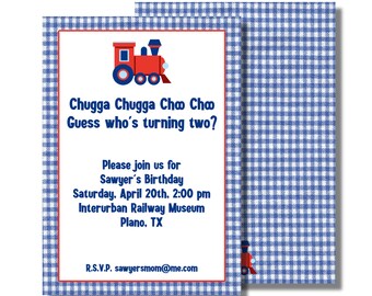 Personalized Kid's Invitation with Blue Gingham and Red Train (Printable Custom Digital Download) *Birthday Suite*