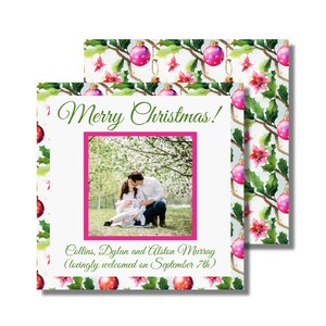 Christmas Photo Card, Holiday Photo Card, Family Picture Card, Holly and Pink Ornaments (printable holiday card, custom digital download)
