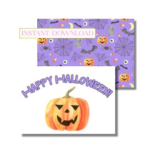 Carte de voeux Halloween, carte de voeux automne joyeux Halloween, aquarelle Jack O Lantern (carte de correspondance pliée imprimable, téléchargement numérique instantané)