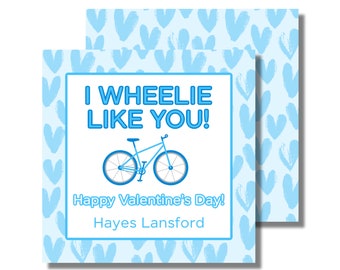 May include: A blue and white Valentine's Day card with a bicycle illustration and the text "I WHEELIE LIKE YOU!" Happy Valentine's Day! Hayes Lansford.
