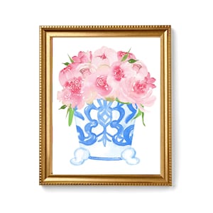 Wandkunst, Posterdruck, Wohnheimdekor, Originaldesign-Kunstwerk, verschiedene Größen erhältlich - rosa Pfingstrosen in einem blauen und weißen Ingwerglas Nummer 2