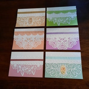 Set di 6 biglietti d'auguri vuoti fatti a mano Disegni intricati decorati a mano con pizzo vintage 5,5 x 4 pollici