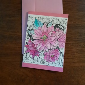 Biglietto d'auguri di amicizia con fiori rosa dipinti a mano timbrato a mano 5 "w x 7" h