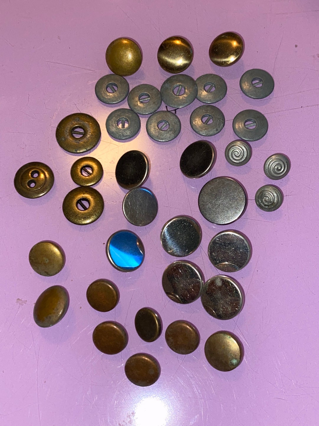 Vintage Buttons Metal Brass Copper Steel Aluminum Set of 35 Pieces Sewing Junk Journal Scrapbook