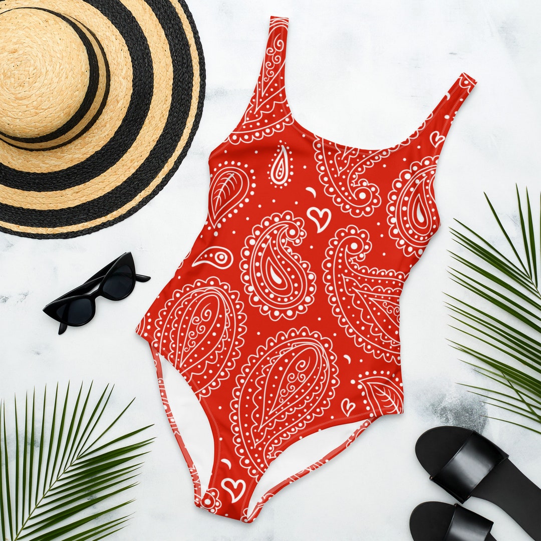 Womens Red Paisley Swimsuit Onepiece Bathing Suit Beach Volleyball Leotard Free Shipping Etsy