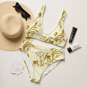Gold Paisley Women's High-Waisted Bikini Swim Set| Light Yellow Bathing Suit| Two-Piece Beachwear| Free Shipping!