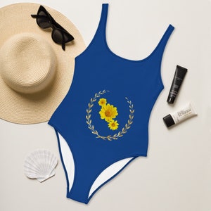 Women’s Blue Daisies Swimsuit| Daisy Print Bathing Suit| Yellow Floral Beach Volleyball Leotard| Free Shipping!