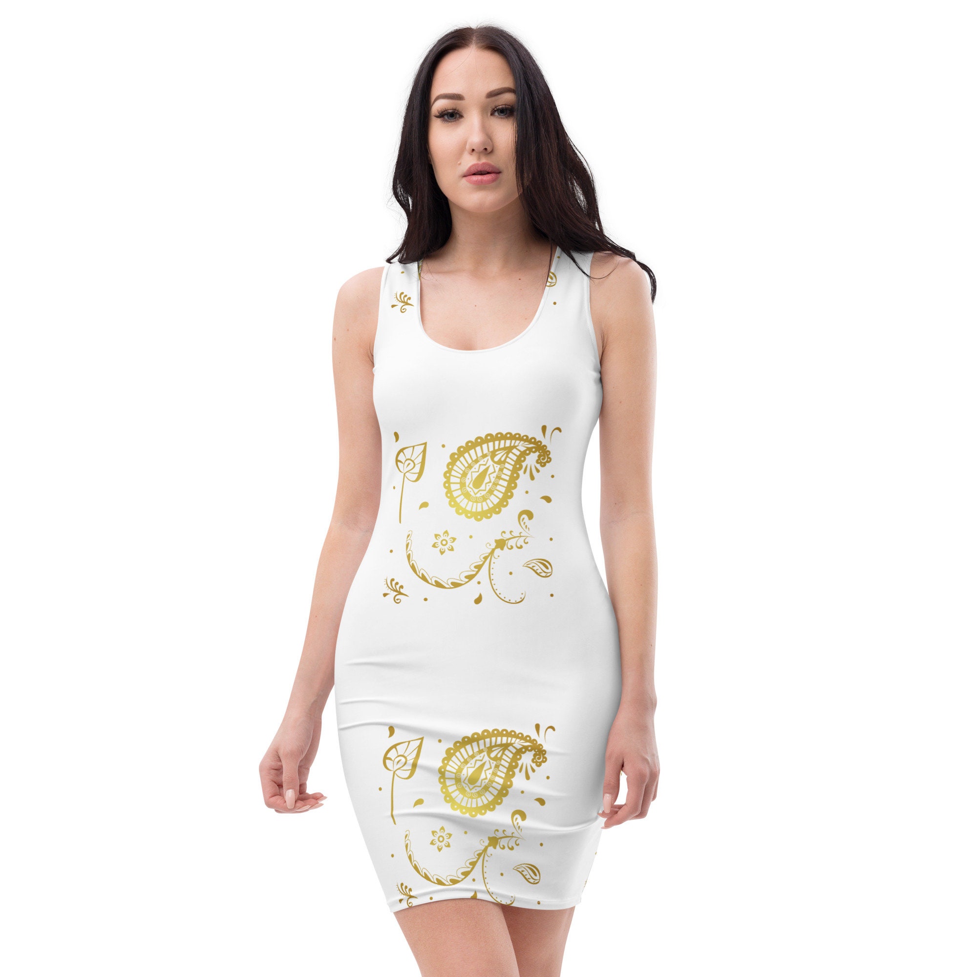 Gold Paisley Print Dress, White Sleeveless Tunic
